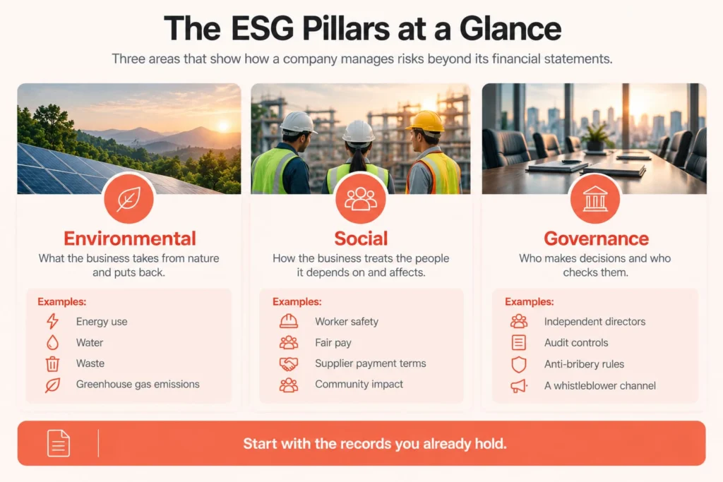 Infographic of the three ESG pillars: environmental (energy, water, waste, emissions), social (worker safety, fair pay, community impact) and governance (independent directors, audit controls, anti-bribery rules).