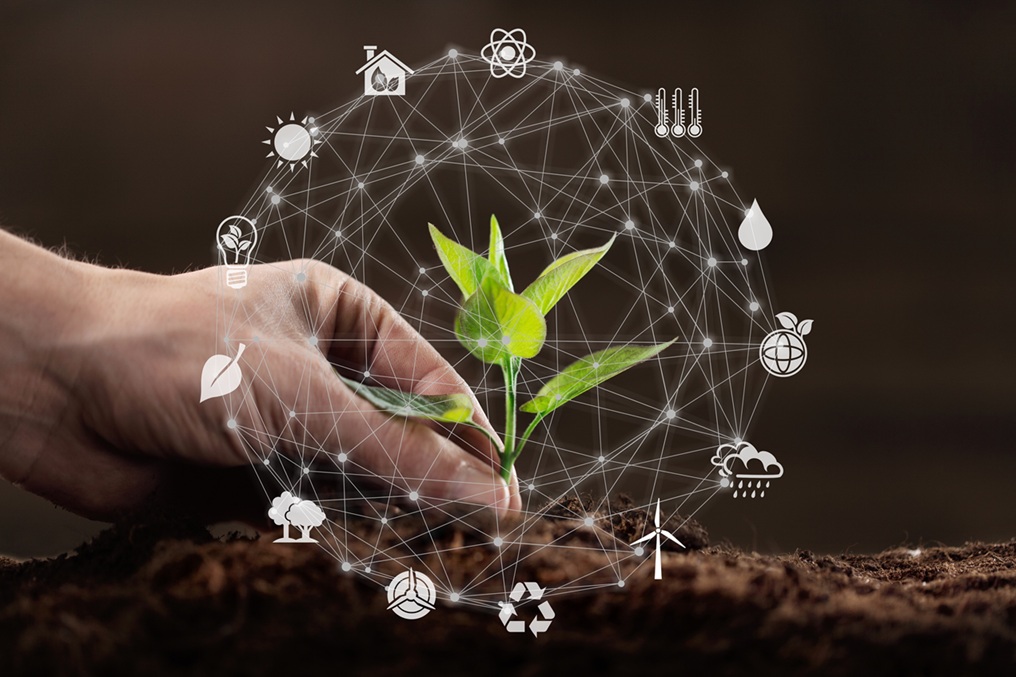 Hand planting a seedling in soil, ringed by a network sphere of icons for sun, water, wind, weather and recycling